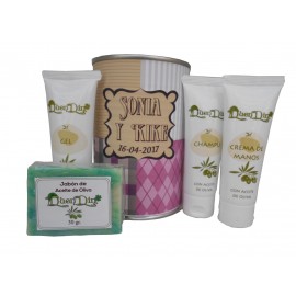 Lata cosmético con productos de Aceite de Oliva, Gel, champú, Crema de manos y pastilla de jabón