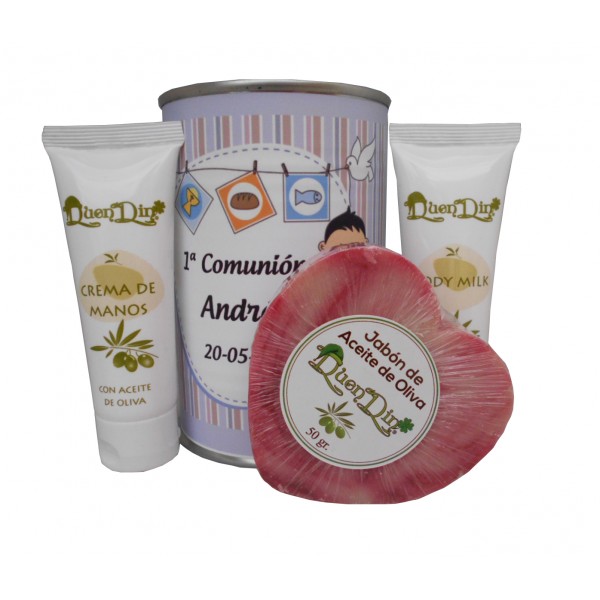 Lata cosméticos con Aceite de Oliva, Crema de manos, Body Milk y Jabón natural de Karité