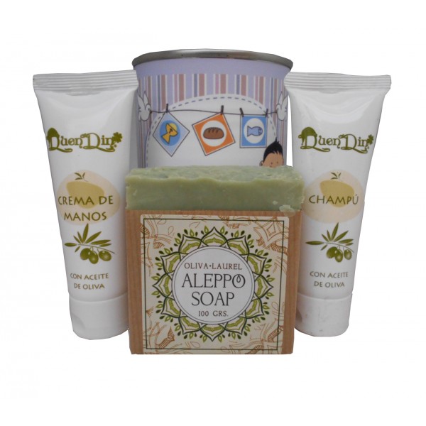 Lata de cosméticos con crema de manos, champú y jabón artesano de Alepo