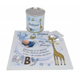 Recordatorio Bautizo niño puzzle jirafa con foto y texto en lata personalizada