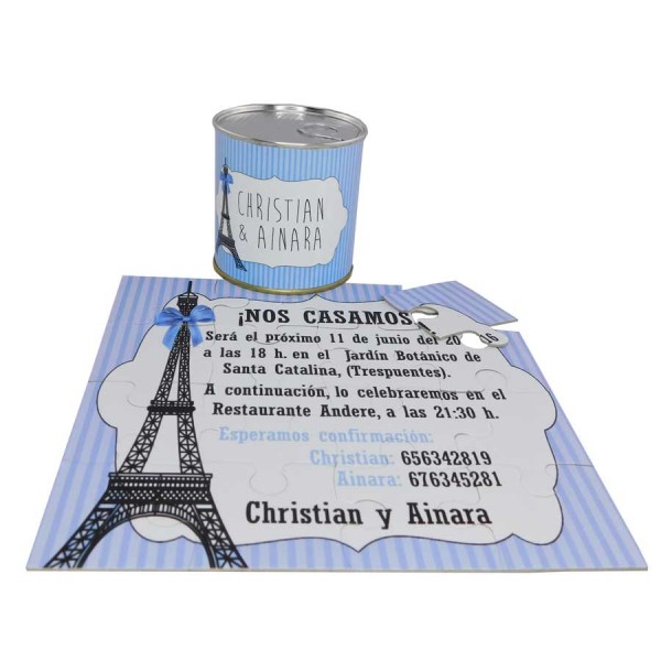 Invitacion de boda Torre Eiffel personalizado en lata